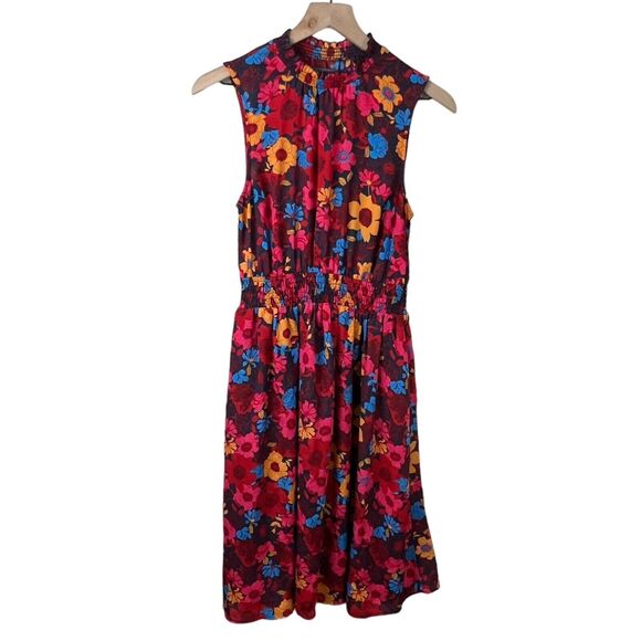 Modcloth Womens Multicolor Floral High Neck Smocked Waist A-line Dress Small - Picture 3 of 4